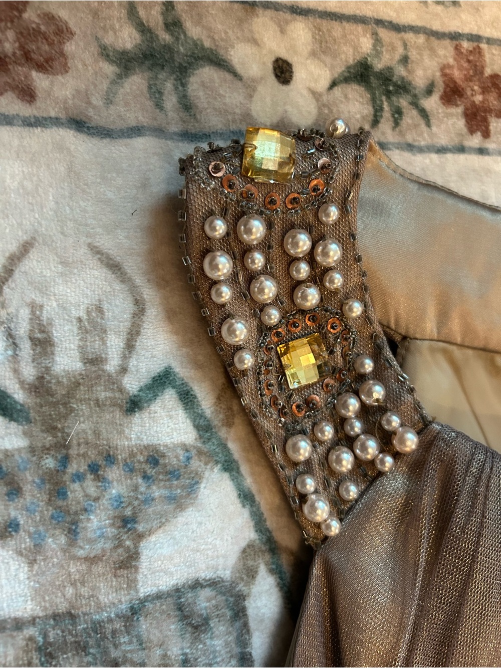Cachet Metallic Bronze Maxi Dress with Beaded Shoulders - Picture 5 of 16
